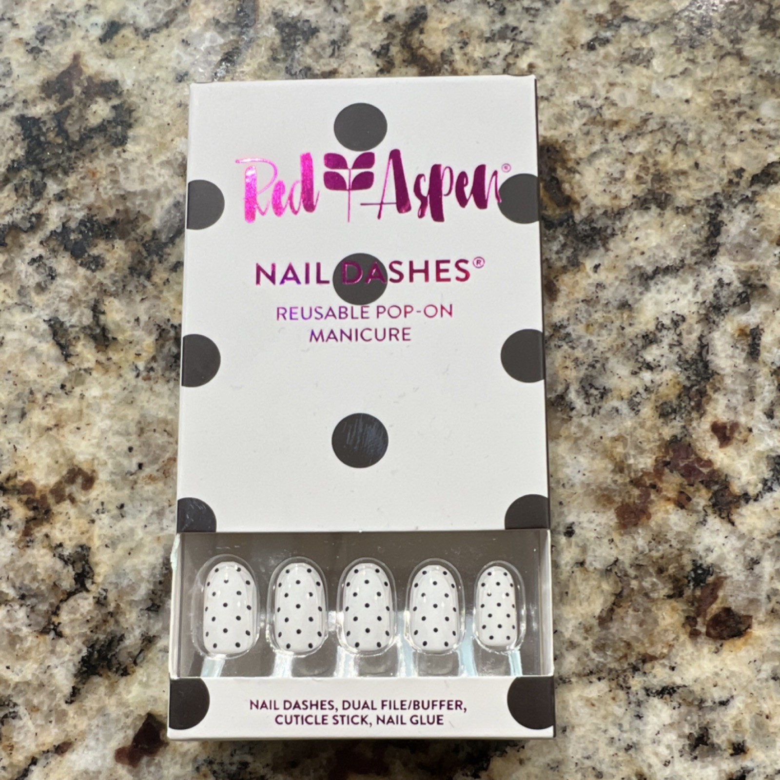 Red Aspen Press-On Nails Polka Dot White Black Oval Reusable Full Cover Glue