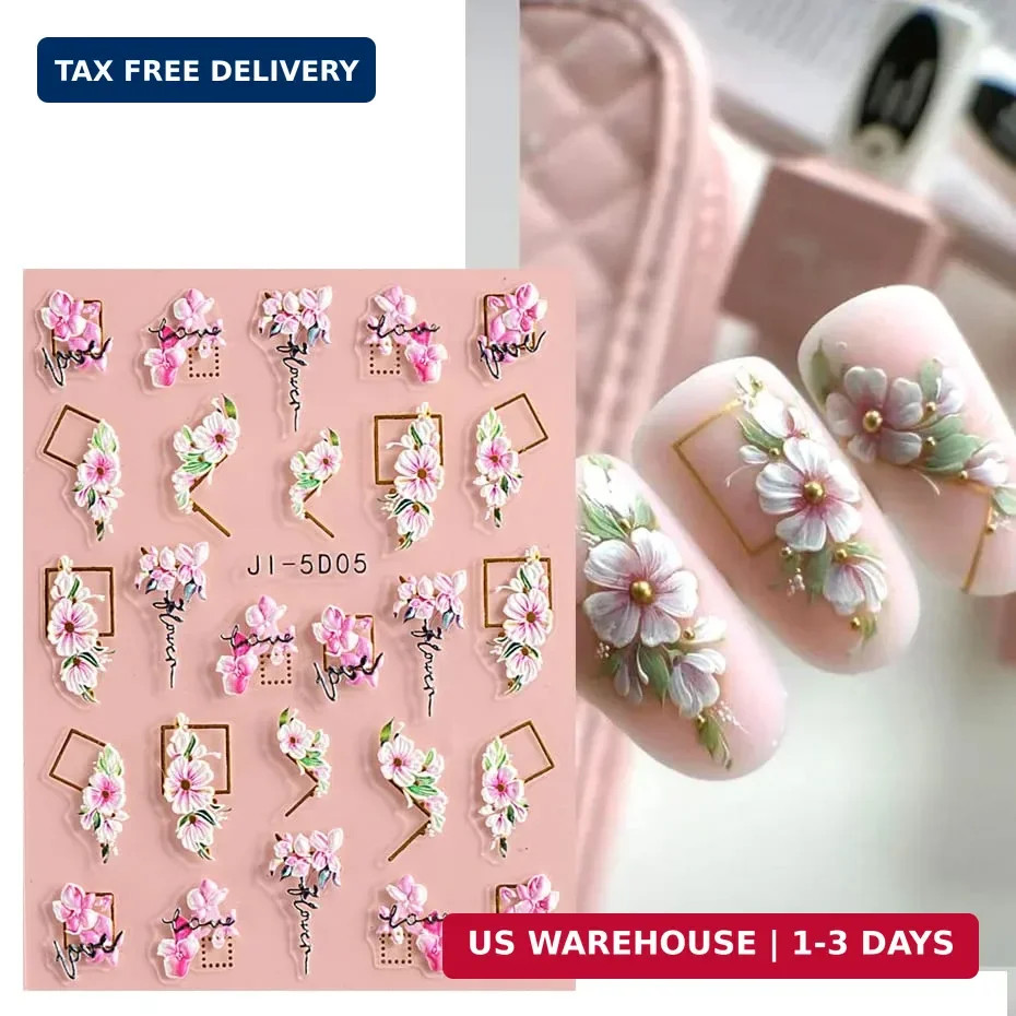 3D Embossed Flower Leaves Nail Art Stickers Decals 4 Sheets 5D Self-Adhesive Peg