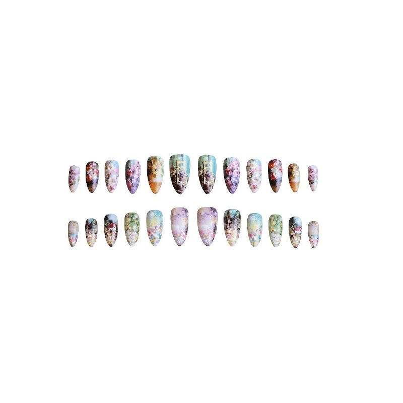 48 Pcs of Oil Painting Style Countryside Flower Fake Nails, Removable Nail Art