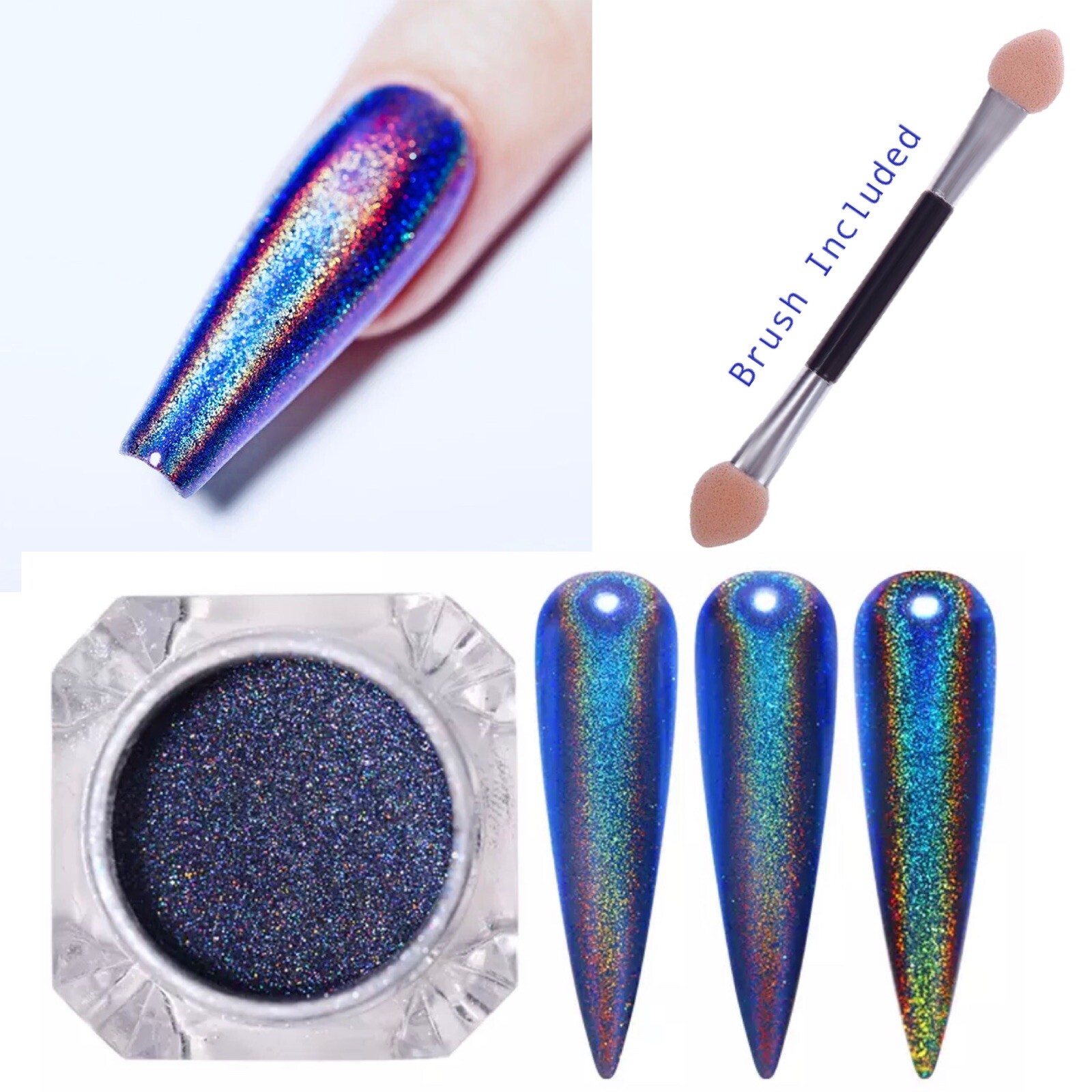 Holographic Blue Nail Chrome Powder Rainbow Glitter Navy Unicorn Pigment 1g/pot