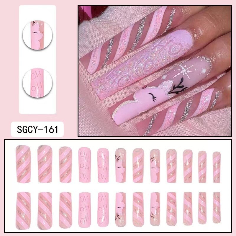 Handmade False Nail Pink French Coffin Long Press on Nails for Manicure