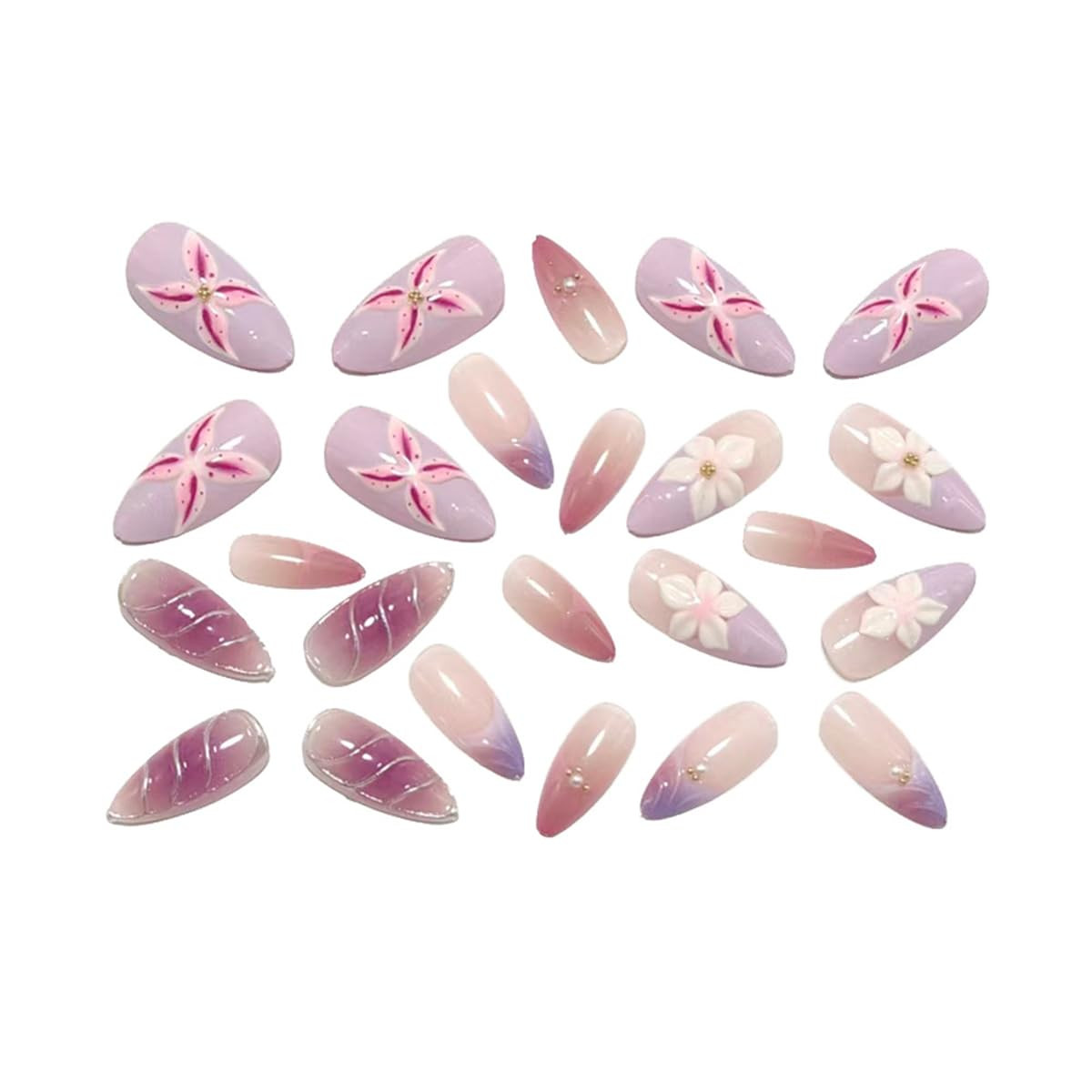 Medium Almond Press on Nails with 3D Flower Pearl Purple French Tip | 24Pcs Nail