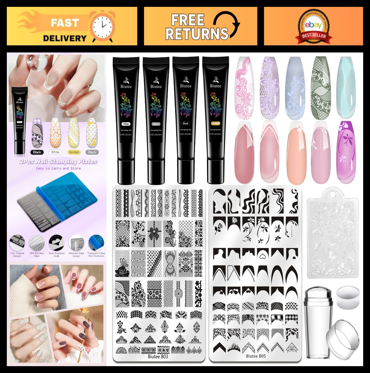 Nail Stamping Kit – 2 Plates, 4 Gel Polishes, 110 Patterns, Silicone Stamper & S