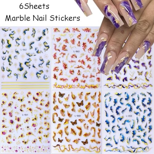 6Pcs Marble Nail Art Stickers 3D Geometric Wave Line Nail Summer Stickers-14
