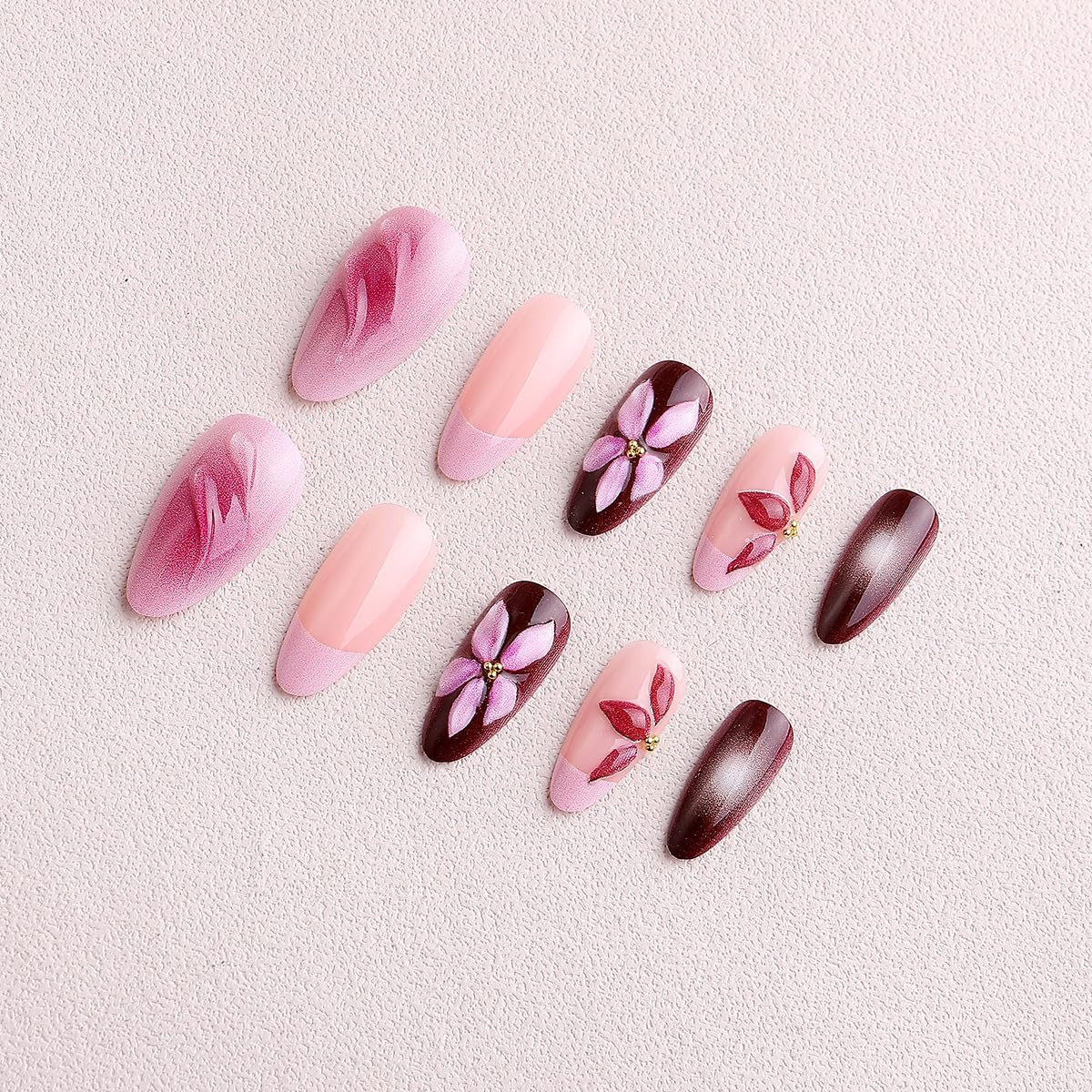 Medium Almond Press on Nails Pink Fake Flowers False Embossed Artificial Stick o