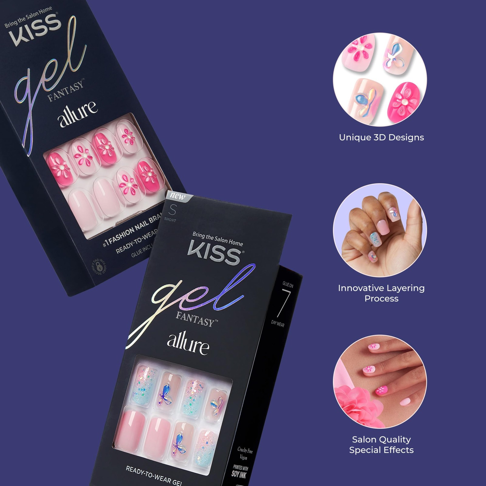 Gel Fantasy Allure Press On Nails, Ready to Wear, 3D Design, Waterproof, Pink…