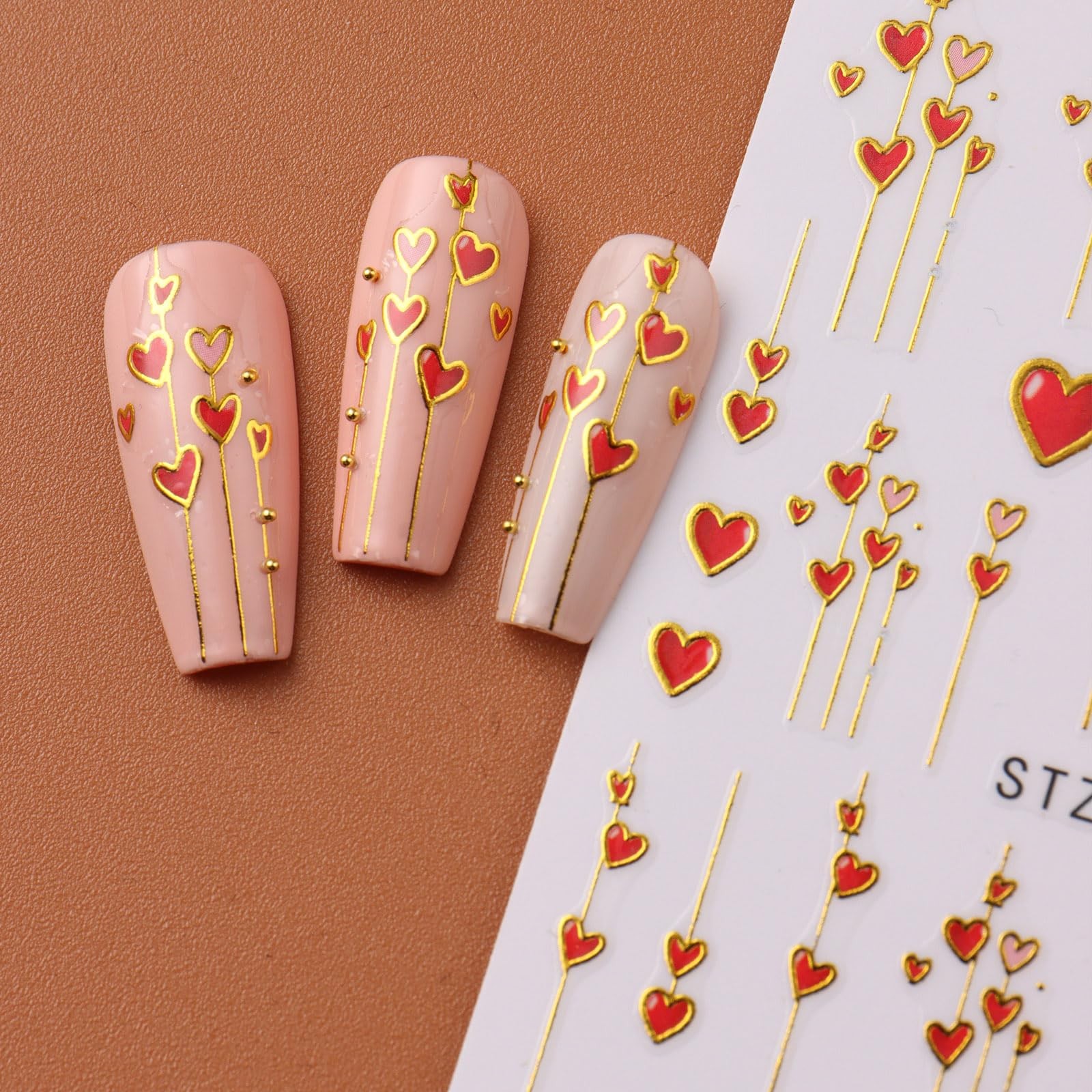 8pcs Mini Heart Nail Art Stickers with Golden Line, Valentine’s Day Romantic …