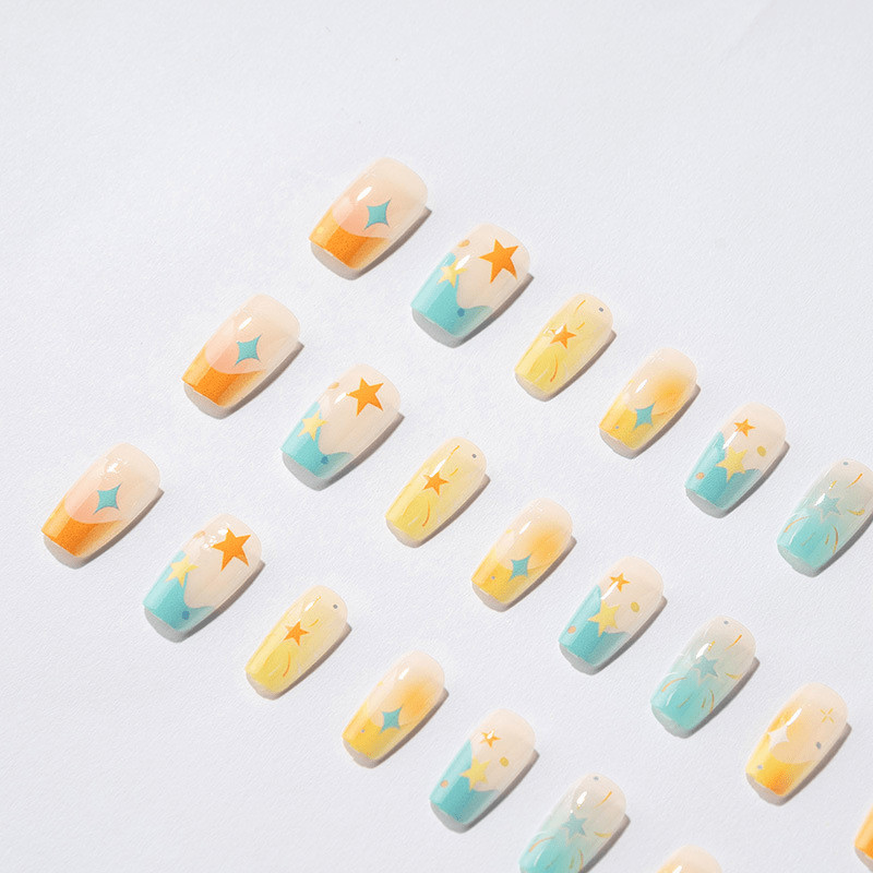 60pcs Short Square Press on Nails, Macaron Mix Star Plaid Gradient Gloss Nails