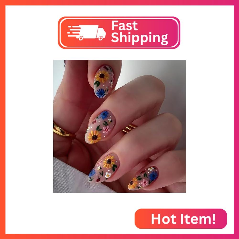 24Pcs Flower Press On Nails Medium Almond Fake Nails Spring Nails Press Ons With
