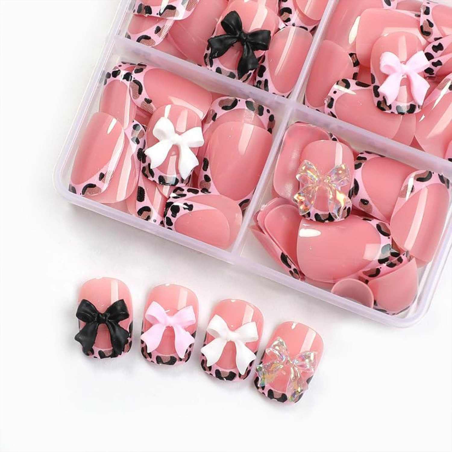 4Packs 96Pcs Pink French Tip Press on Nails Shrot Square Fake Nails with Bow Des