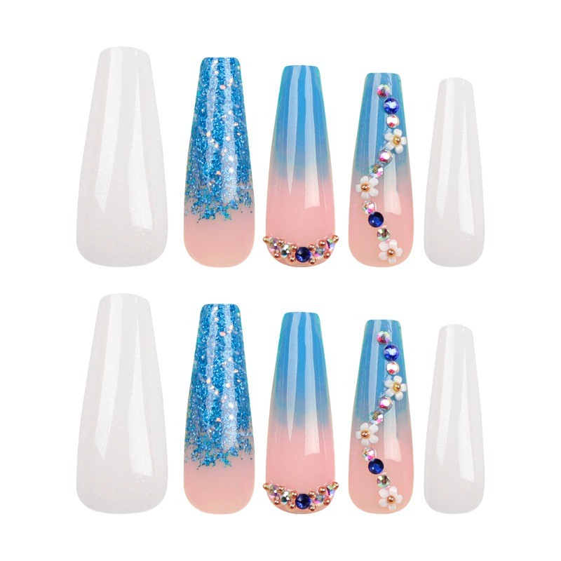 48P-Blue Pink Ombre 3D Flower Stiletto Press on Nails Color Rhinestone Fake Tips