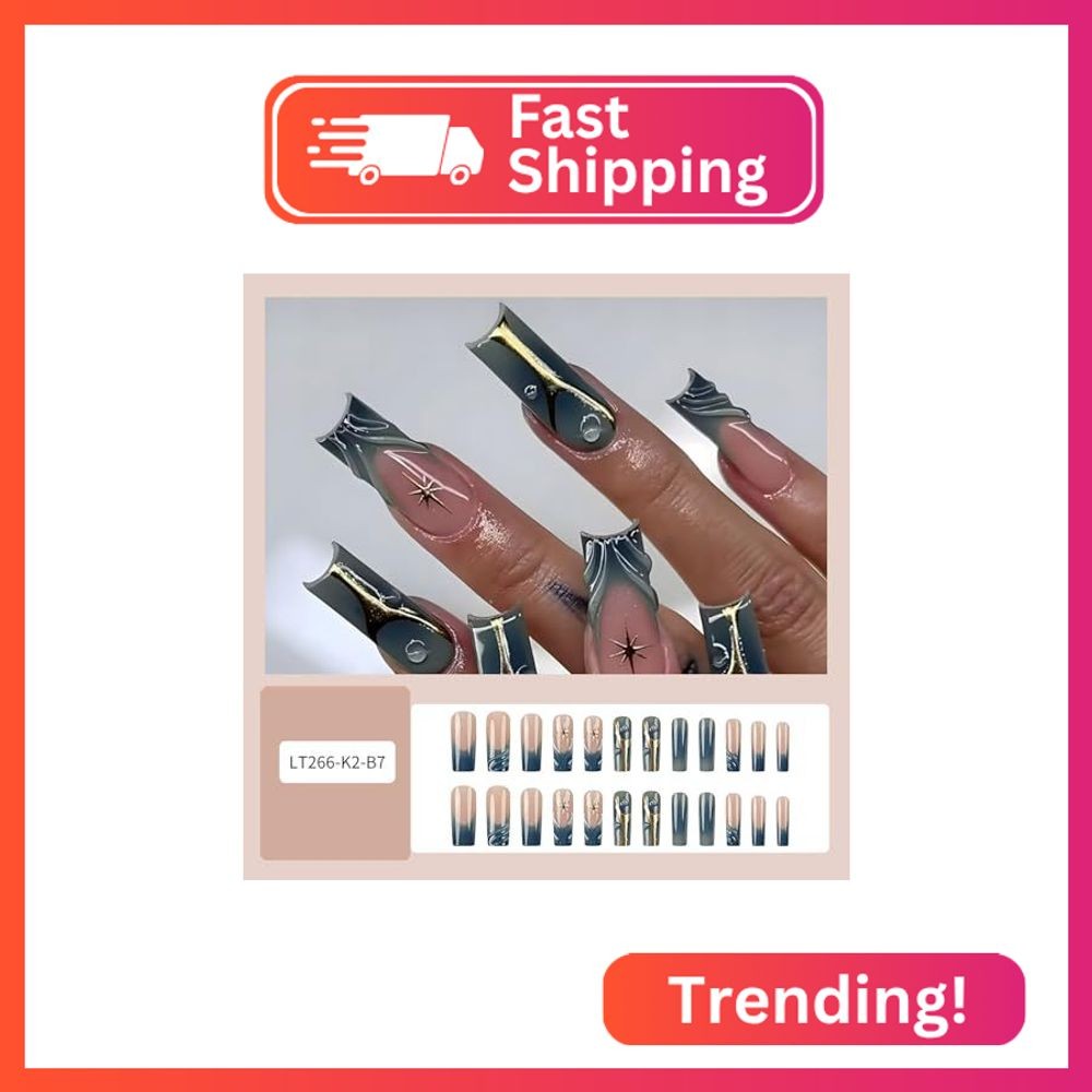 Press on Long Nails Coffin Shaped Acrylic Glossy Full Cover Long Square French F