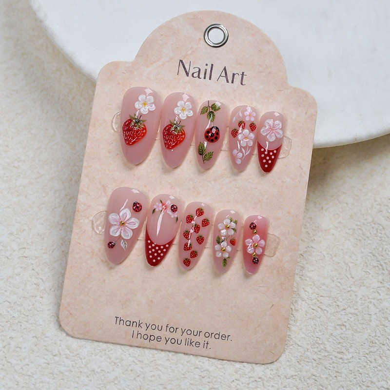 48Pcs-Long Almond Nude Hand Painted Strawberry Ladybug Flower Press on Nails