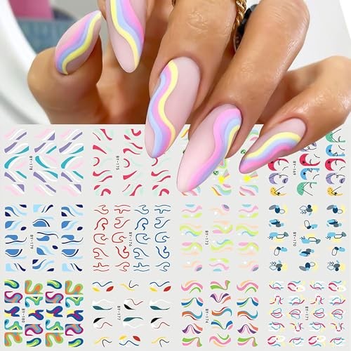 12 Sheets Nail Stickers Colorful Line Design Water Transfer Nail Decals