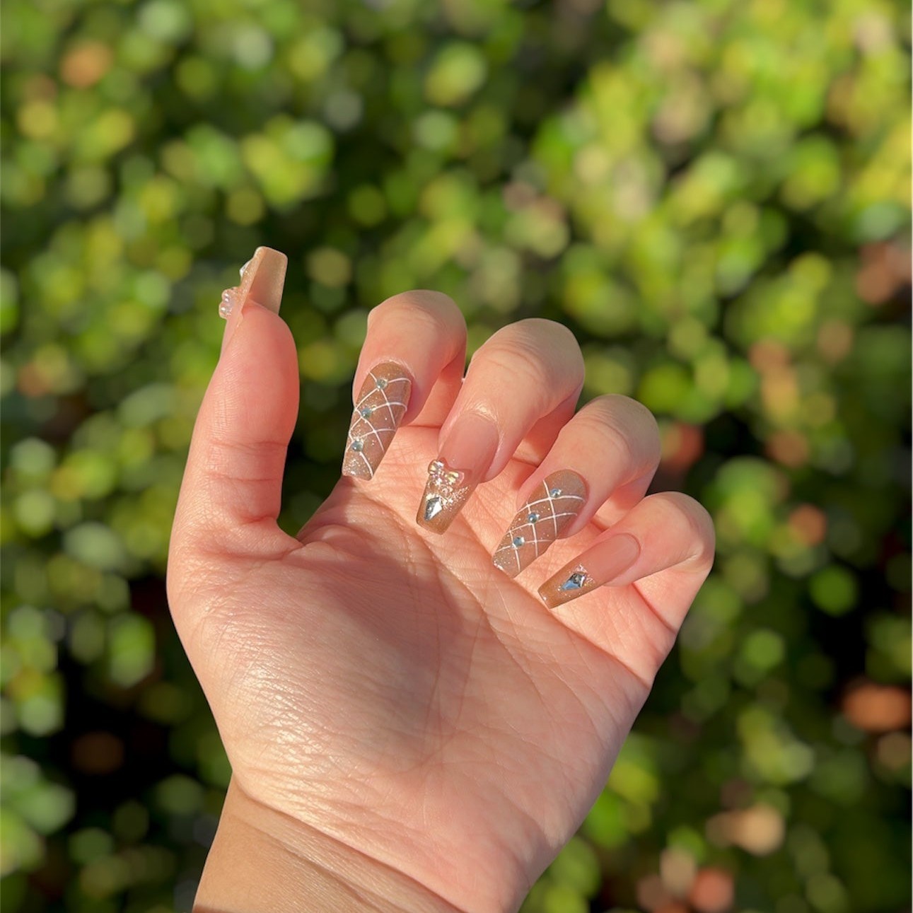Handmade Press On Nails Medium Coffin Size S Nude Gold Bow Bling Crystal