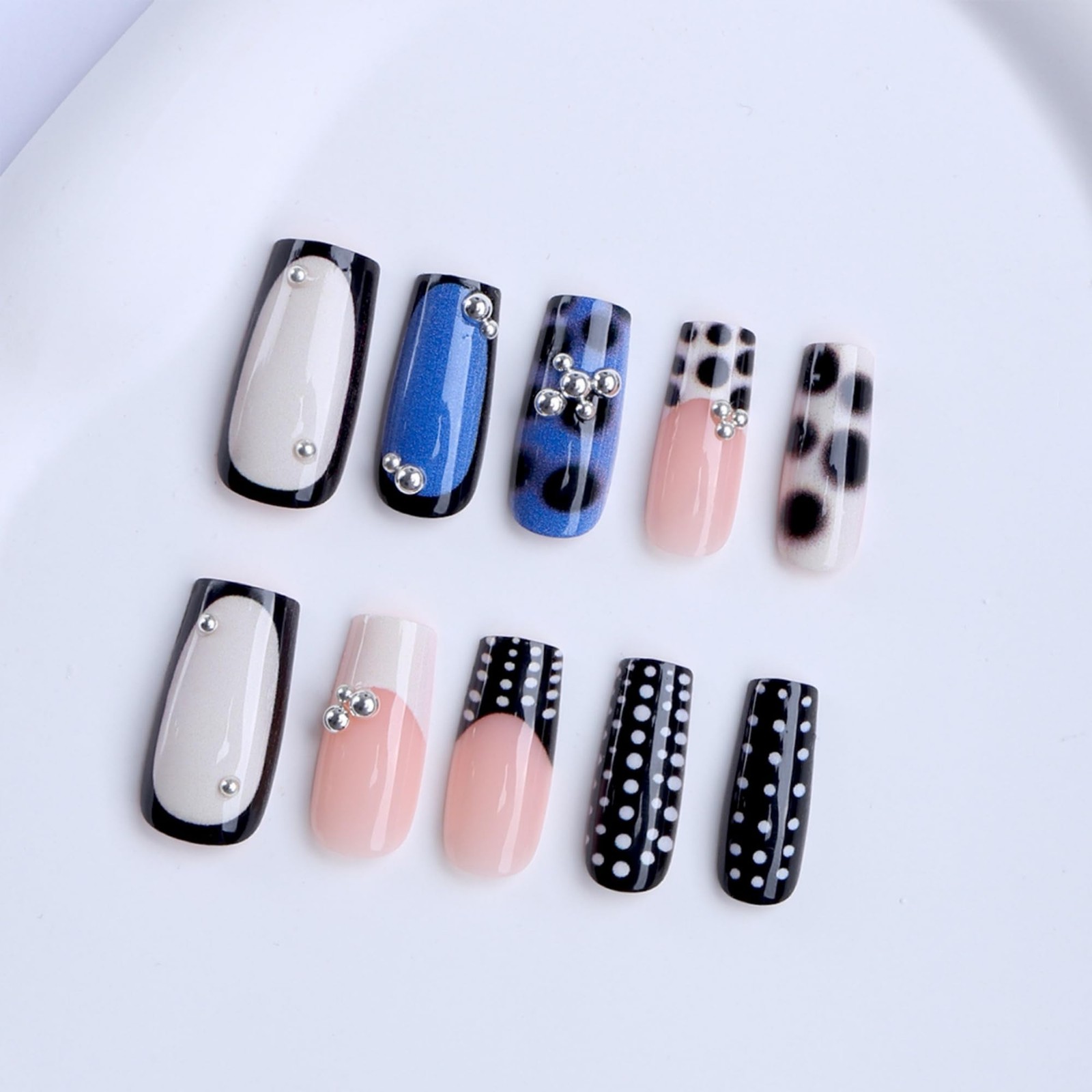 Press on Nails Medium Square – Black White Polka Dot French Tip 3D Metallic C…