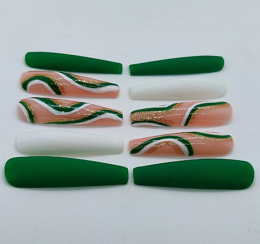 Green Nails White and Gold Nude Swirl Press on Nails