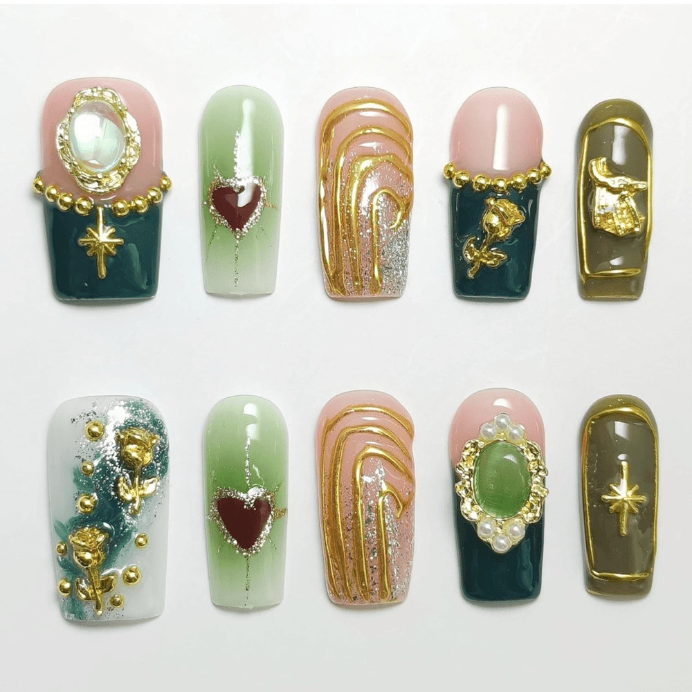 SMALL Green Royal Theme Nail Design Square Press-On Nails Hexagram Nail Art