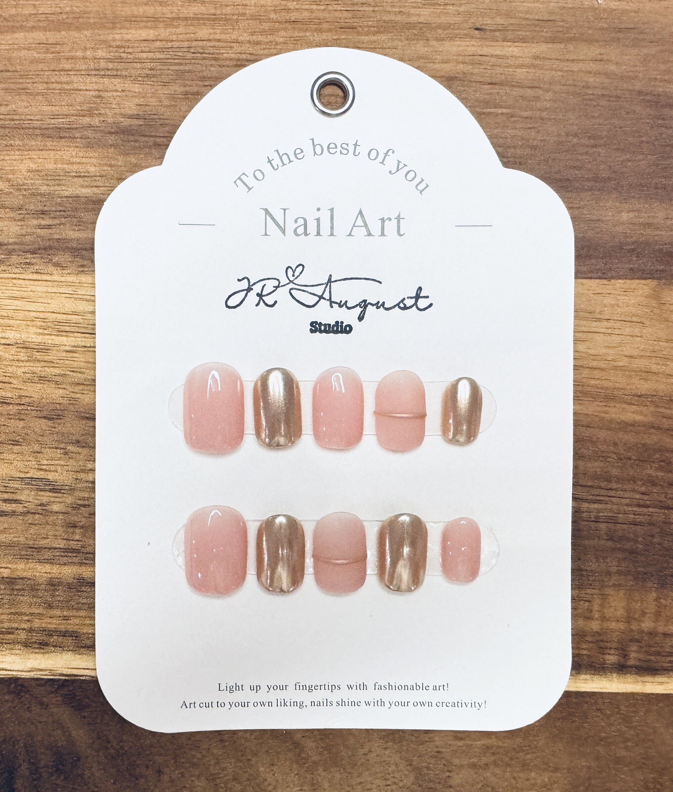 Press on nails Handmade gentle girl gold and flesh pink round short XS S M L