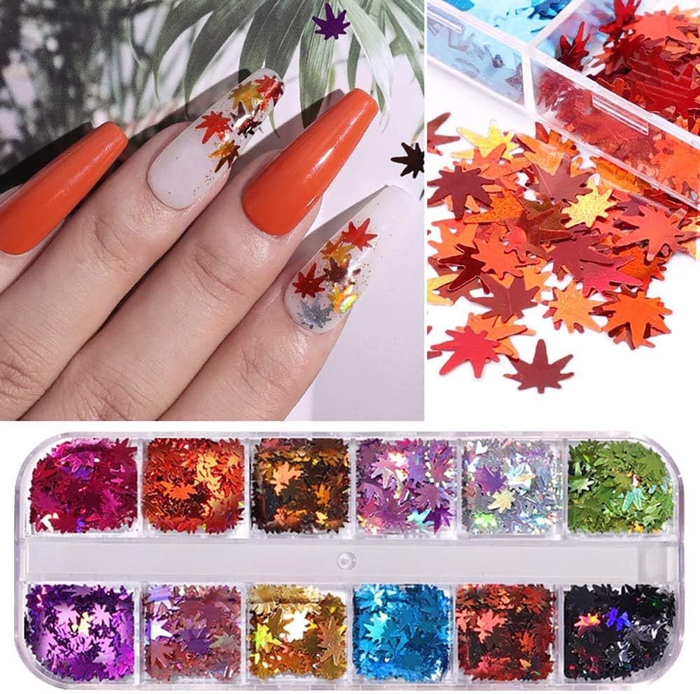 Fall Leaf Glitter Nail Sequins, 24 Colors Holographic Maple Leaf Nail Art Flakes