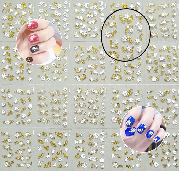 4x Sheets White/Gold Mix Design Decals Flower 3D Nail Art Stickers Craft
