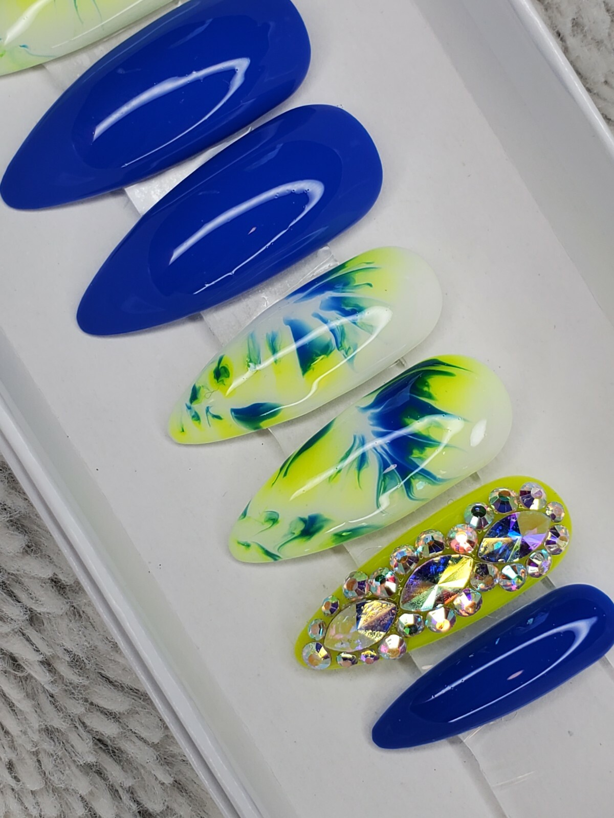 neon yellow white blue tie dye bling press on nails watercolor stiletto crystals