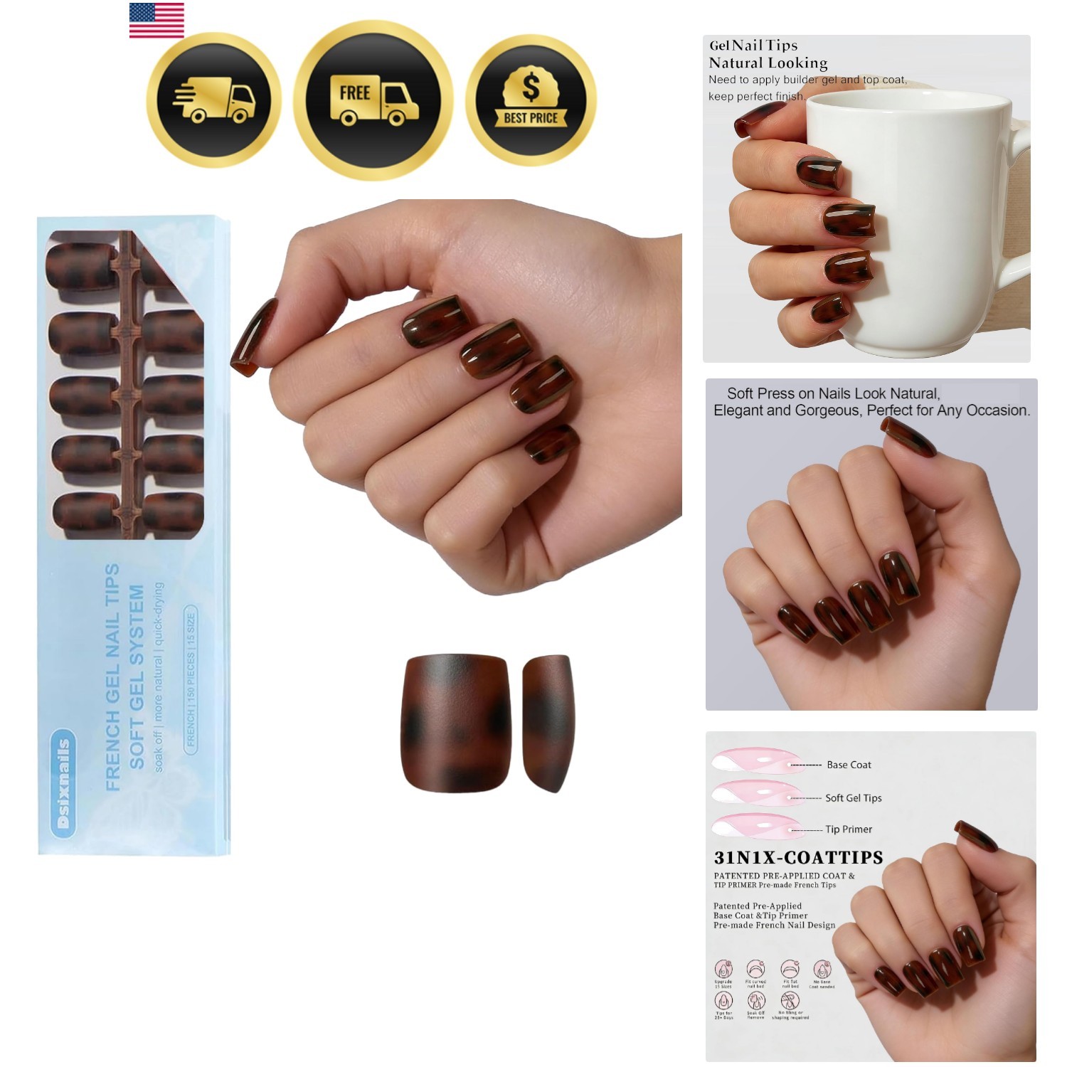 Tortoiseshell Short Square Press on Nails, Soft Gel Nail Tips | Soak Off Acry…