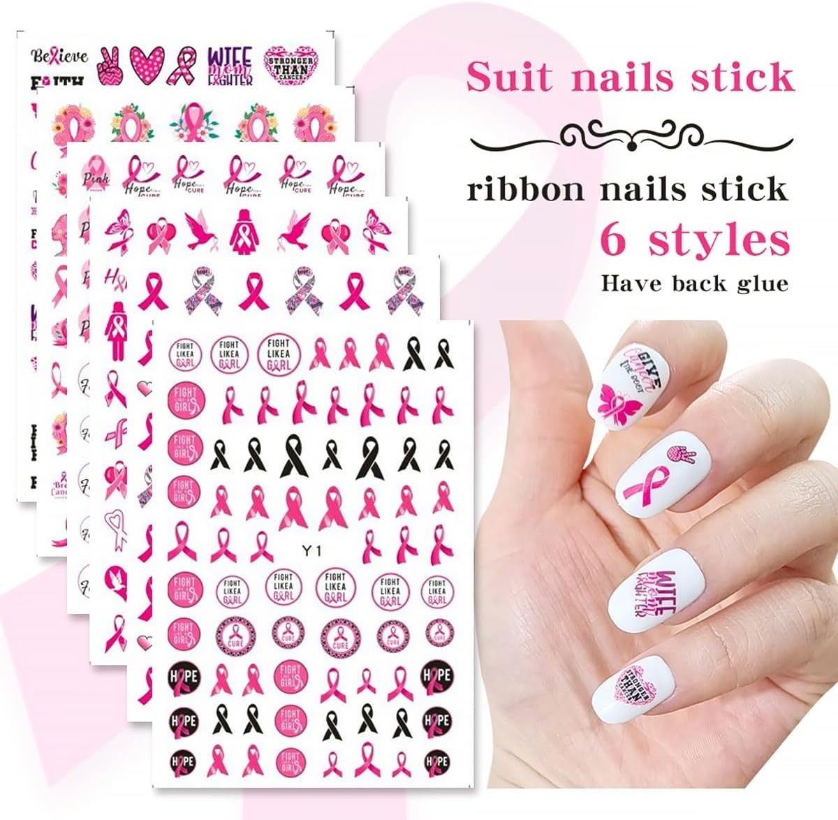 6 Sheets Breast Cancer Nail Art Stickers – 3D Self-Adhesive Heart Letter Nail