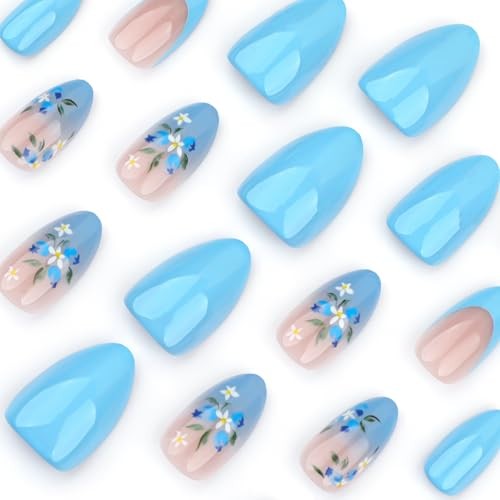 Navy Blue Press on Nails – Short Almond Spring Fake Nails with Flower Style 13