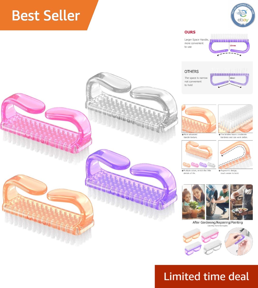 Vibrant 4-Piece Nail Brush Kit with Practical Handles for Effortless Care