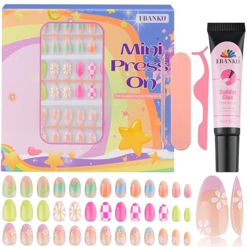 78 Pcs Colorful Flower Press-On Nails for Kids 8-12, Fake Nail Kit with Adhesive