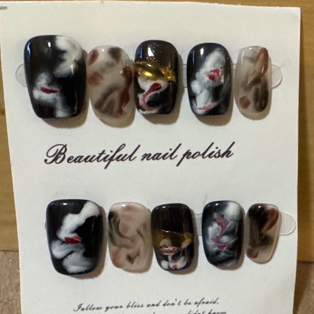 Abstract Art Press On Nails Black White Marble Gold Foil Square False Nails Set