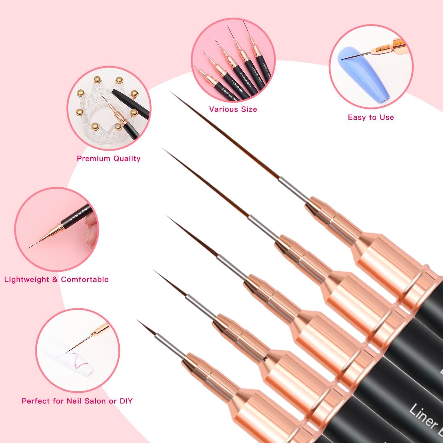 Metallic Nail Art Brushes, 5Pcs Nail Art Liner Brushes, Painting Art Design Brus