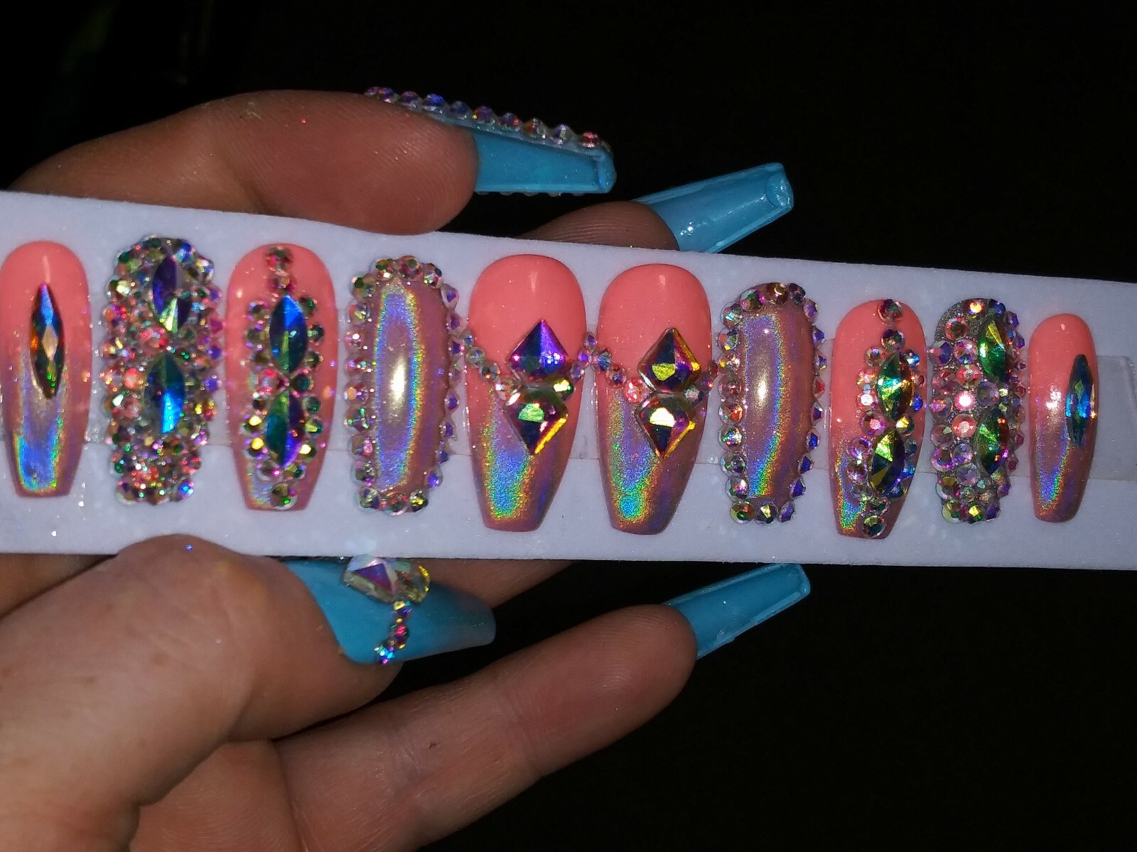 bling coral holographic press on nails coffin crystal diamond chrome metallic