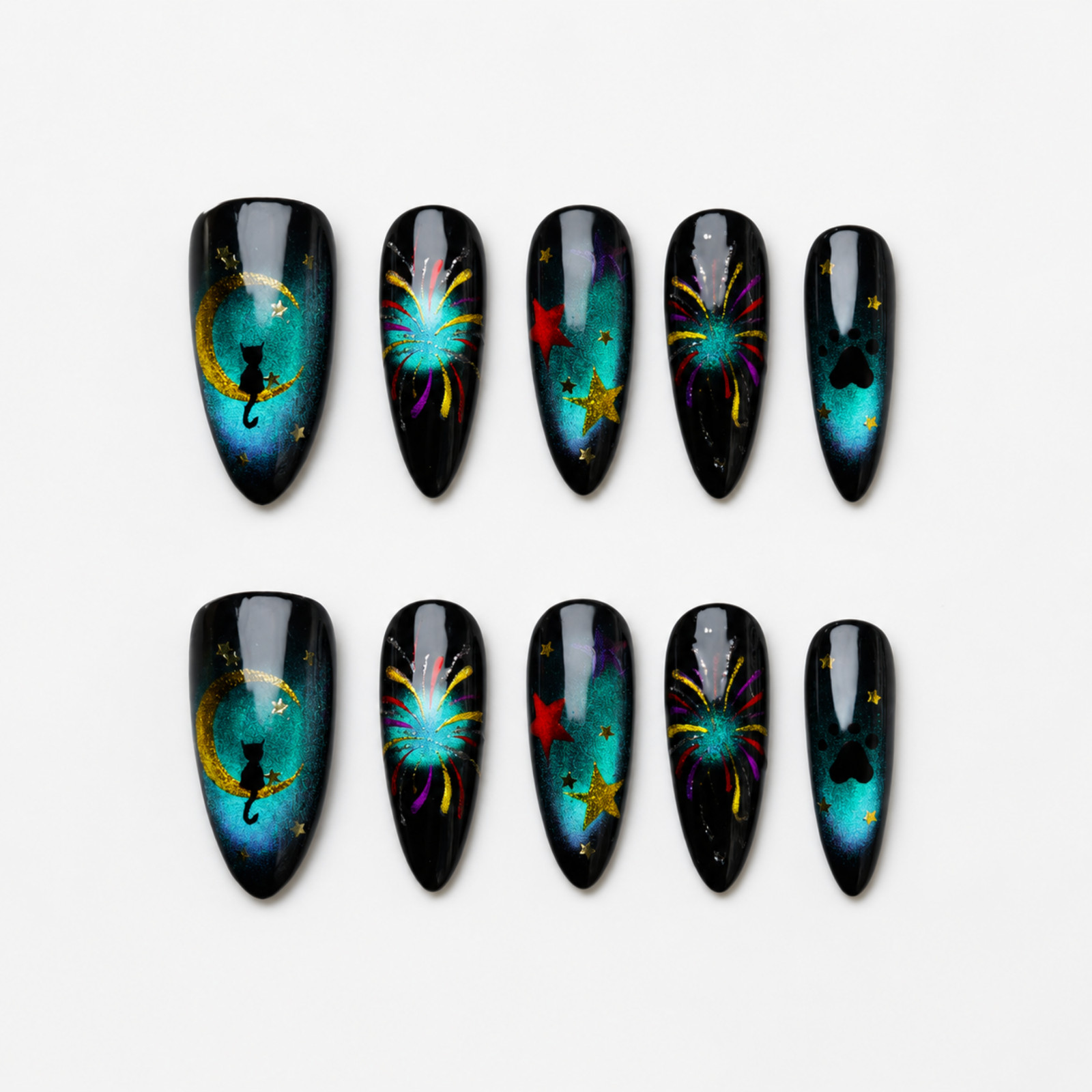 Handmade Galaxy Cat Moon Fireworks Black Teal Press-On Nails Set