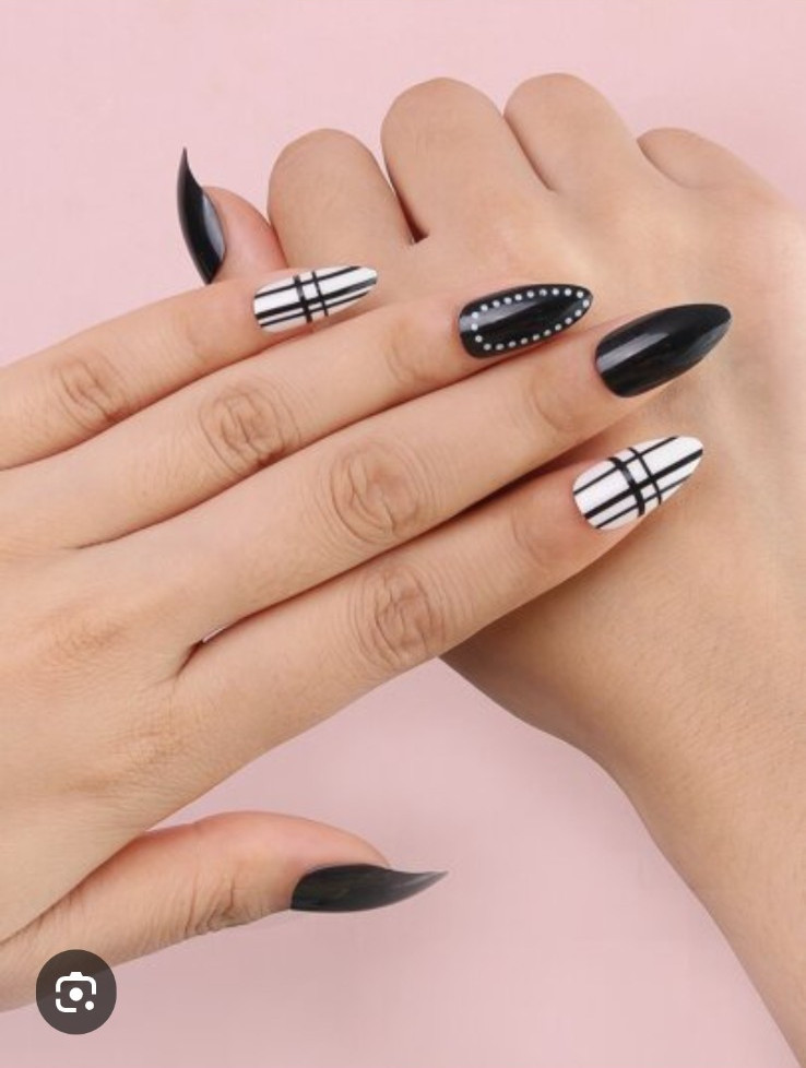 24 Pcs Press-On Nail Long Almond Matte Black & White with Dots & Plaid