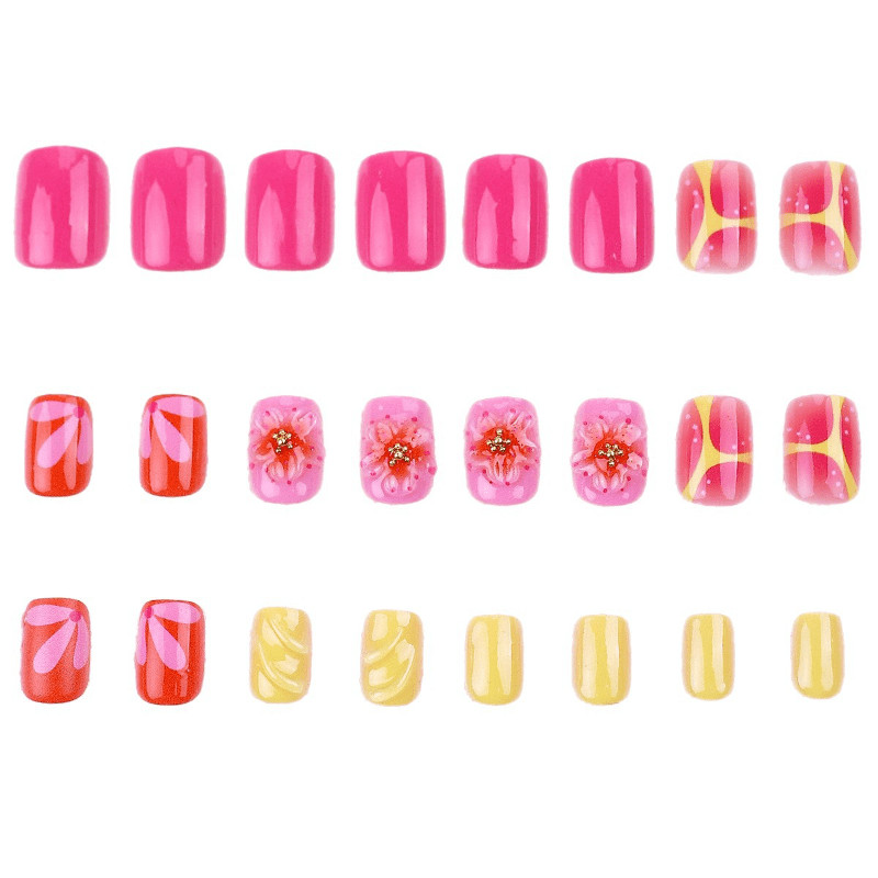 48P Short Square Press on Nails, Orange Pink 3D Floral Y2K Glossy Fake Nails