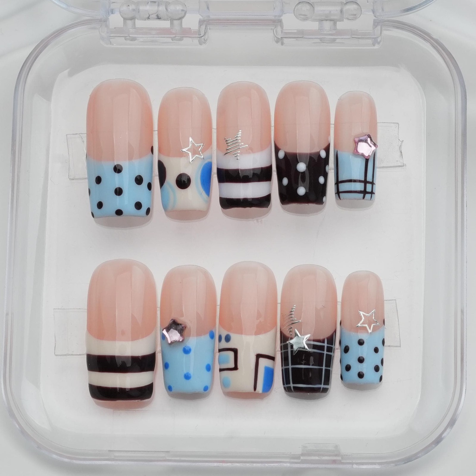 Custom Handmade French Tip Plaid Polka Dot Star Bow Long Square Press on Nails