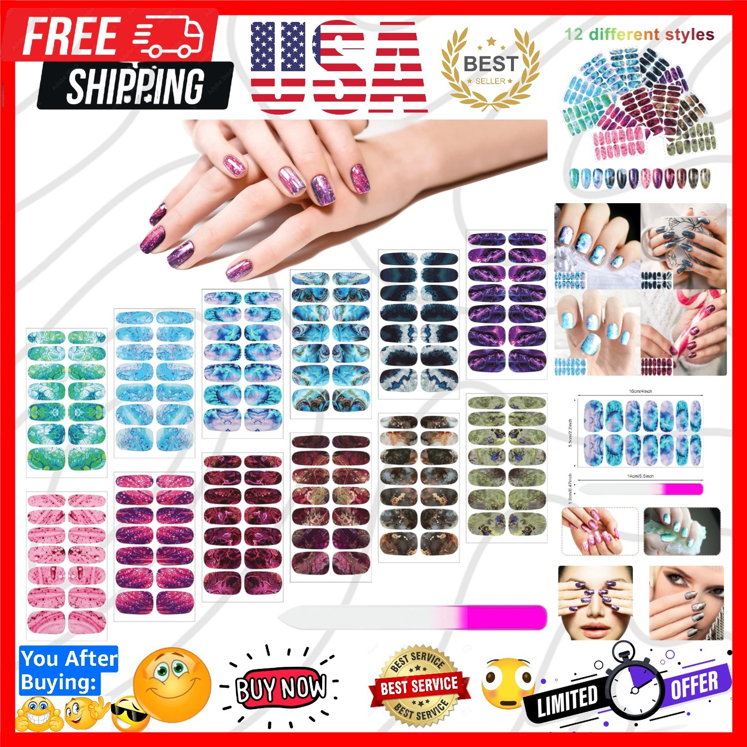 168 Pcs 12 Sheets Full Wrap Nail Stickers Polish Strips Gradient Stickers Gli…