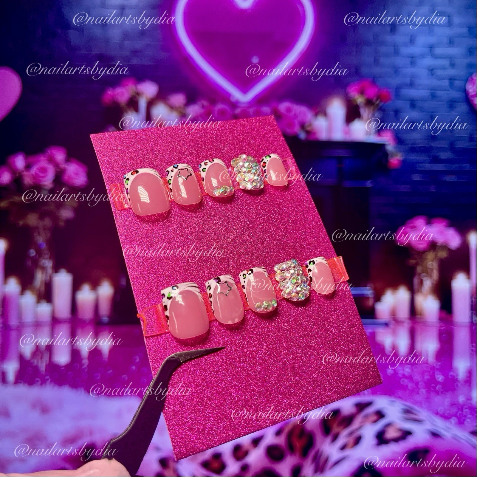 Authentic Nail Arts by Dia Short Square Press-On Nails Pink 3D Leopard