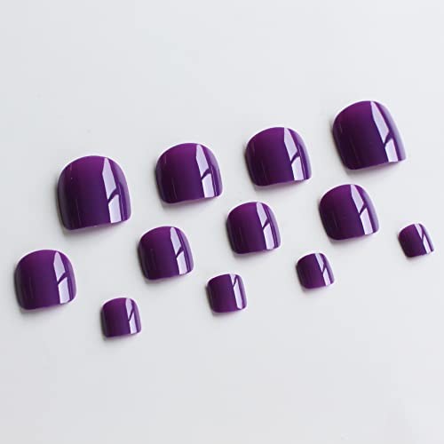Dark Purple Press-on Toenails, 24Pcs Glossy Square Acrylic glossy dark purple