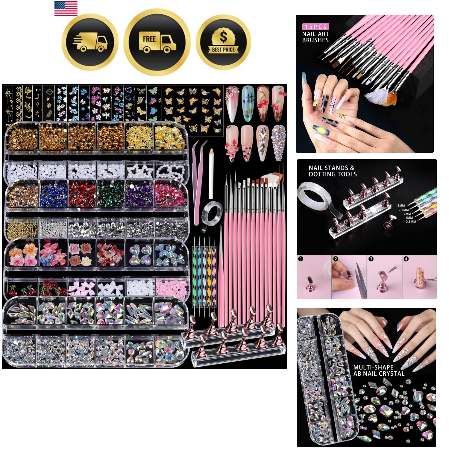 4 Boxes Nail Charms and Gems Set, Nail Rhinestones Nail Kit with Nail Art Bru…