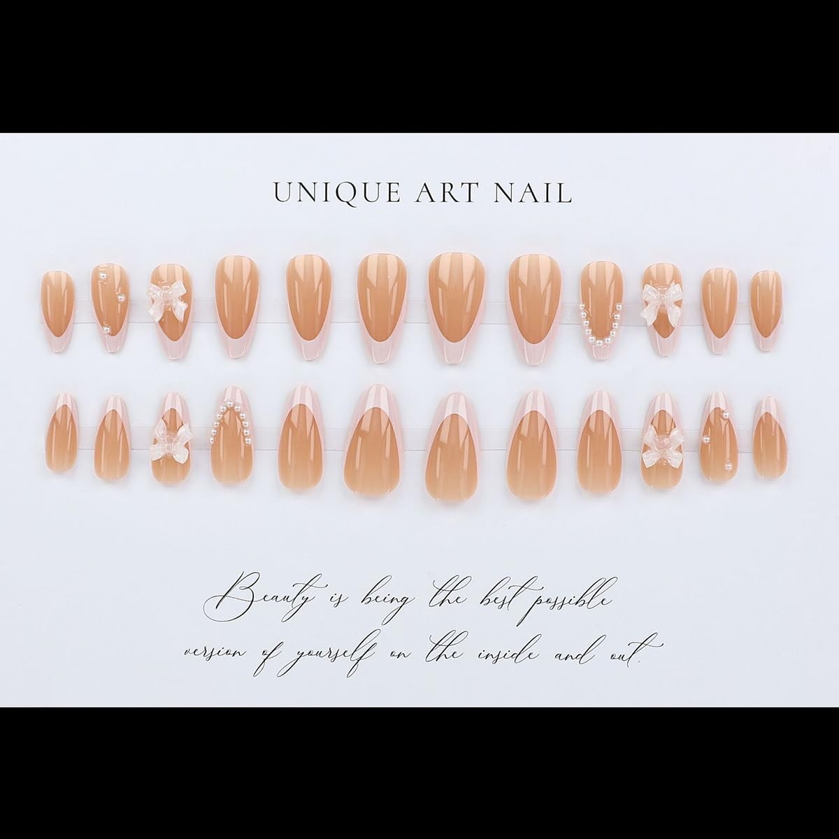 White French Tip Press on Nails Medium Almond Fake Nails with 3D Bow Pearl De…