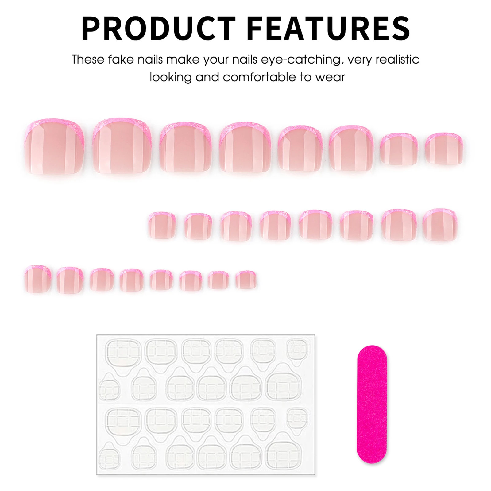 24Pcs Pink French Tip Press On Toenails Shiny Sequins Summer Fake Nails