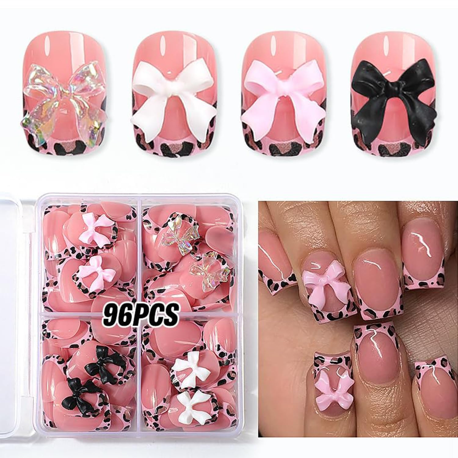 4Packs 96Pcs Pink French Tip Press on Nails Shrot Square Fake Nails with Bow Des