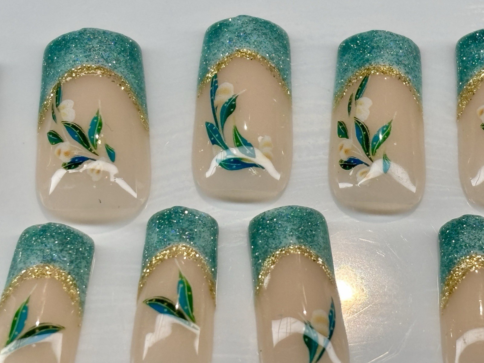 Spring Press On Nails, Nude Floral Square handmade Blue Glitter French ￼
