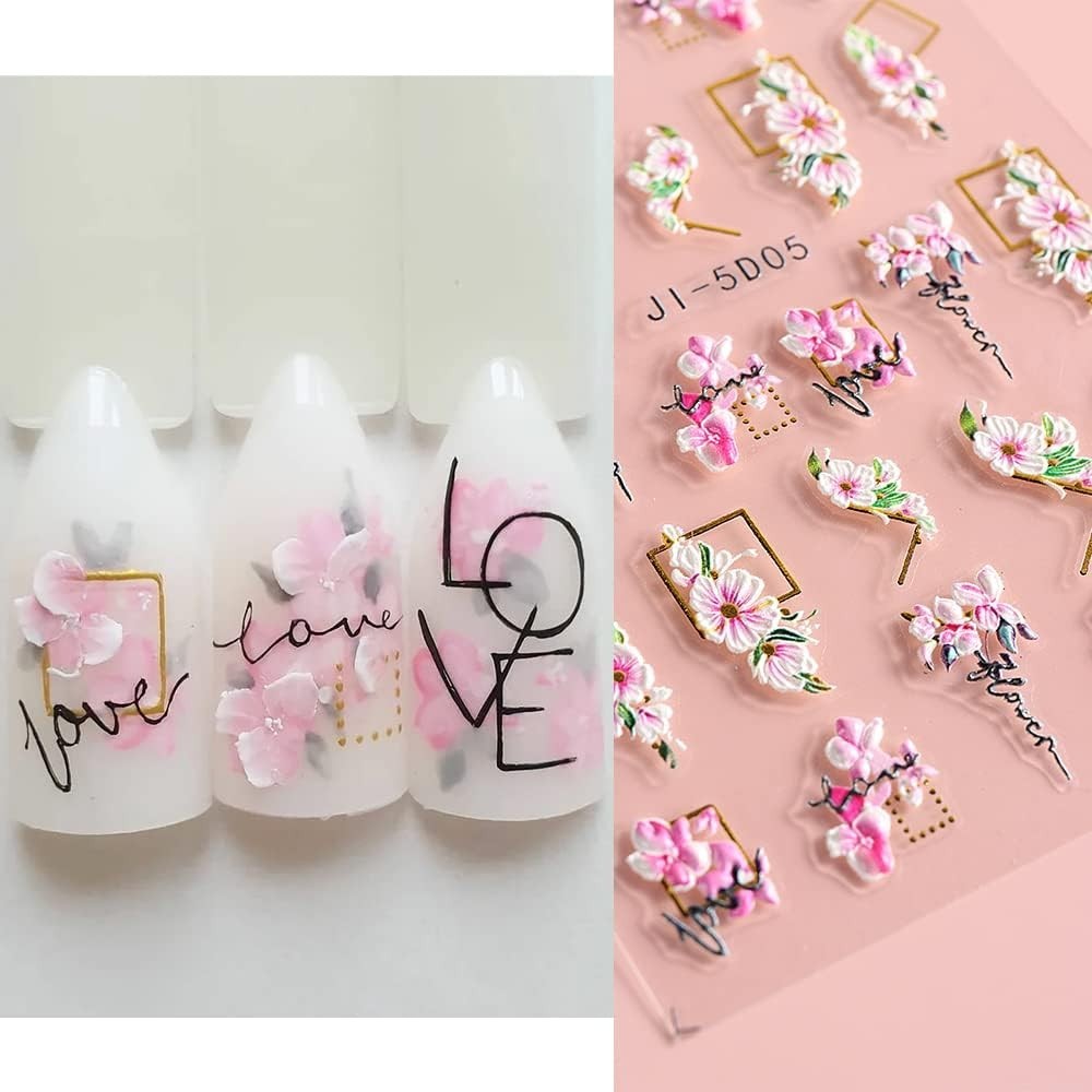 5D Flowers Nail Art Stickers 4 Sheets Pink Flowers Geometric Lines Decor Acry…
