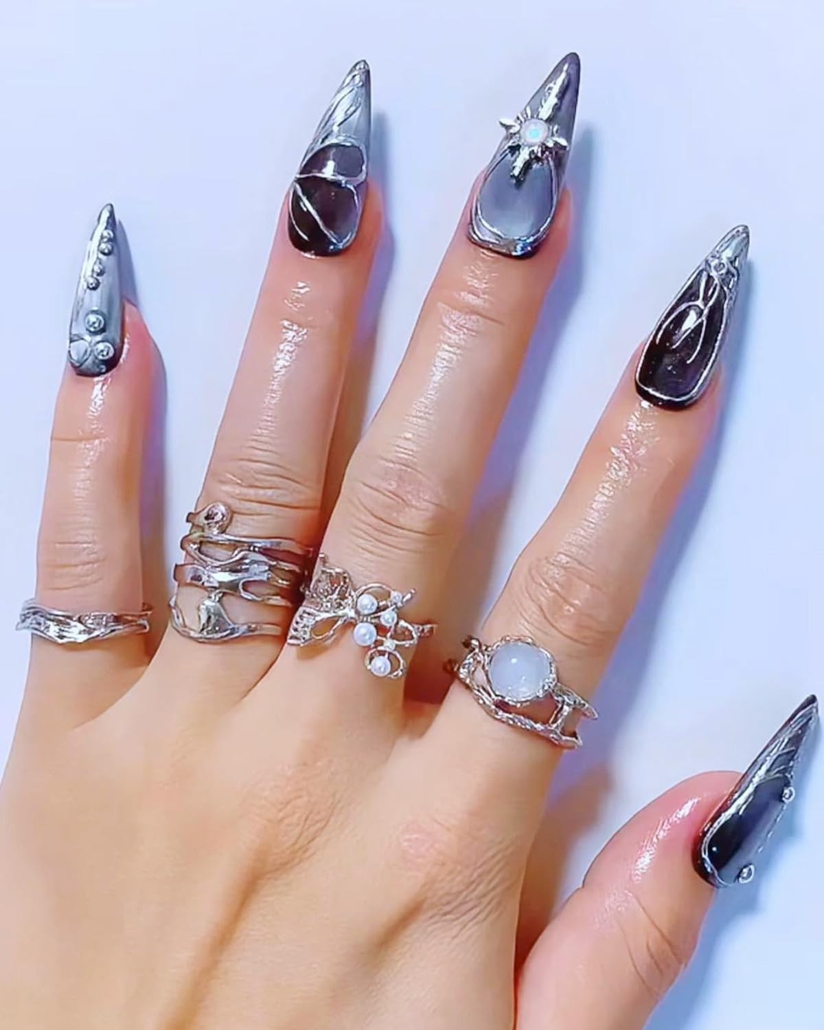 Luxury Gray Silver Gradient Stiletto Press On Nails – 3D Gothic Design, Reusable
