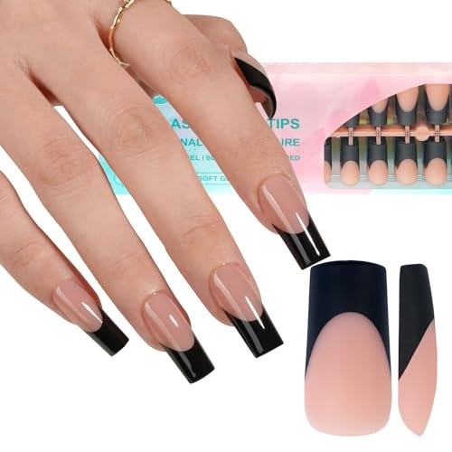 Black French Gel Nail Tips, 240Pcs French Tip Press on French C-Long Square