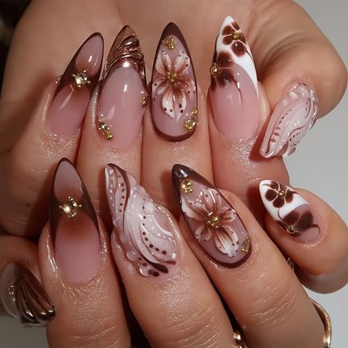 24Pcs Brown Flower Medium Almond Press on Nails Embossed Brown Hibiscus Style